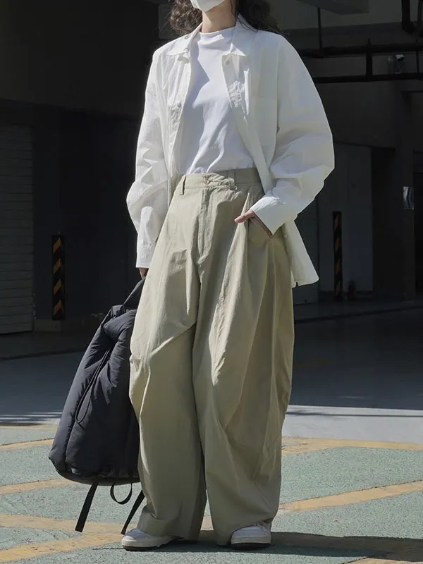 Loose Wide Leg Drawstring Elasticity Pleated Solid Color Split-Joint Casual Pants Bottoms