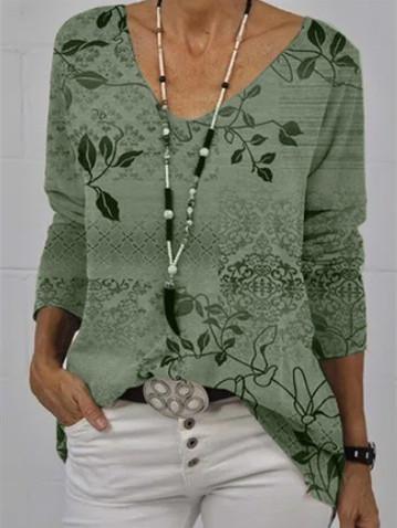 Women Long Sleeve V-neck Floral Printed Graphic Top
