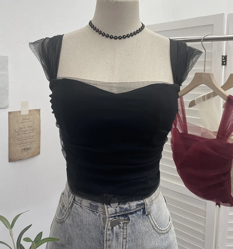 Breakj Real-Spat Thai-Style Small Design Mesh Yarn Draw-Folded Breast Sling Sling With Bra Cushion Short Sleeveless Top 8022