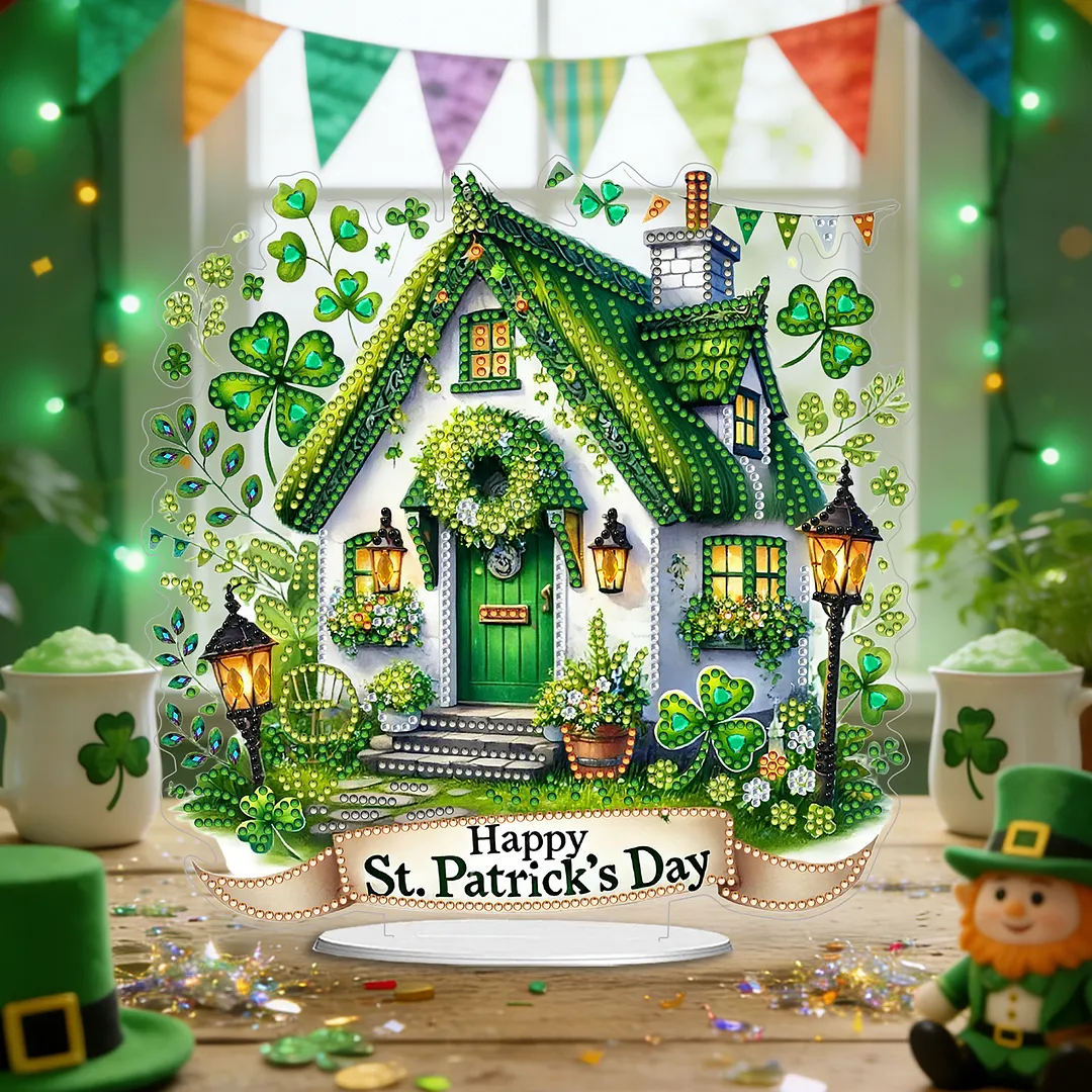 2D Flat DIY St Patricks Day Hut Diamond Painting Tabletop Ornaments Kit Special Shape Crystal Art Craft Decoration Single Side Drill for Living Room Home Office