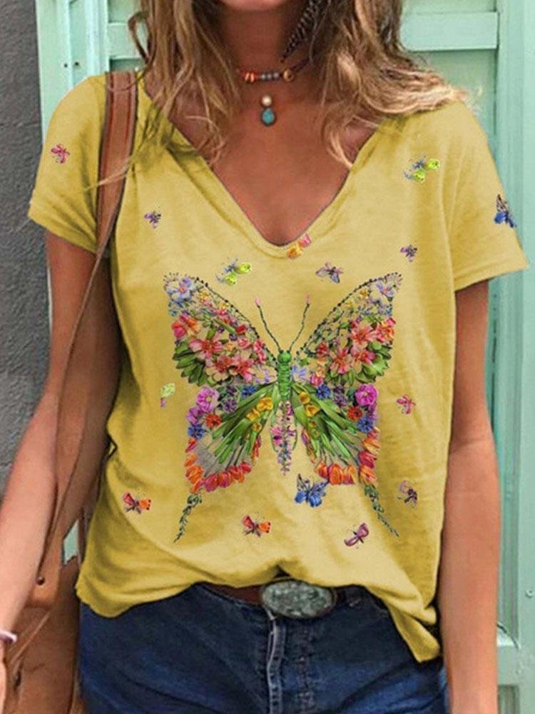 Women Butterfly Print V Neck Short Sleeve T Shirt P157809512