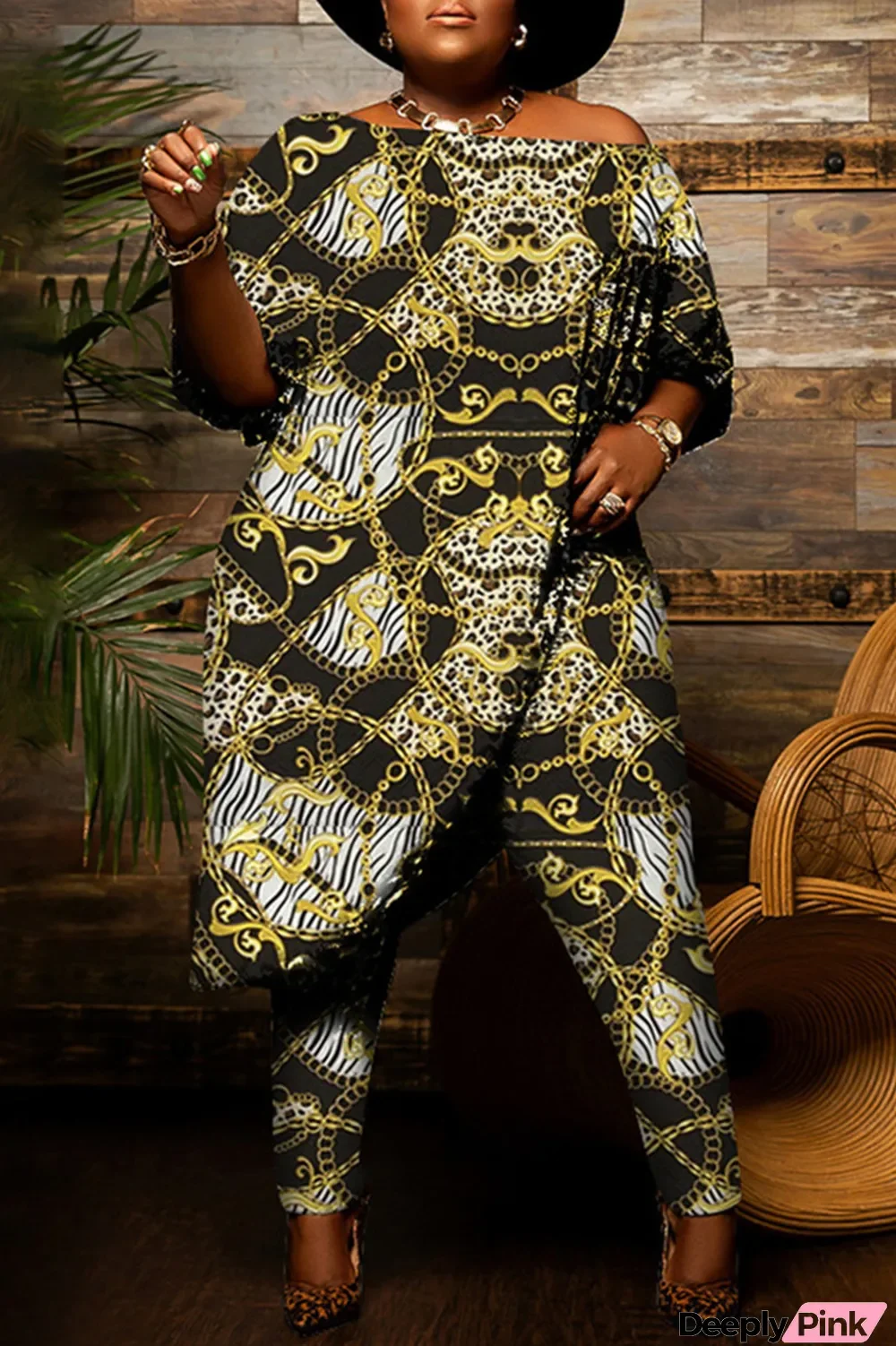 Yellow Fashion Casual Print Asymmetrical Off the Shoulder Plus Size Two Pieces