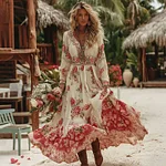 Women's Vacation Romantic Rose Patchwork Art Comfy Linen Maxi Dress - Image 2