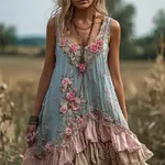 Vintage Pink Roses Ruffle Layered Linen Tank Dress - Image 2