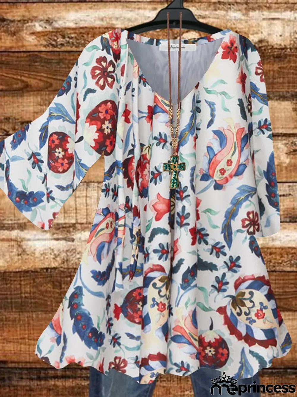 Women 3/4 Sleeve V-neck Floral Printed Graphic Top