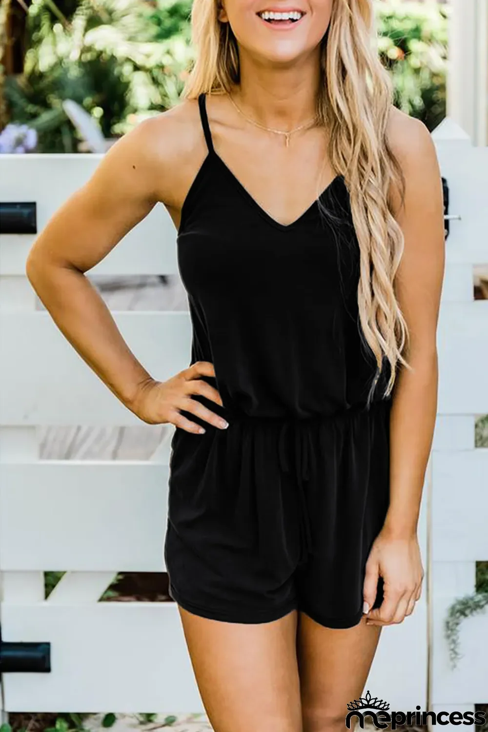 Black Spaghetti Straps V Neck Crisscross Back Romper