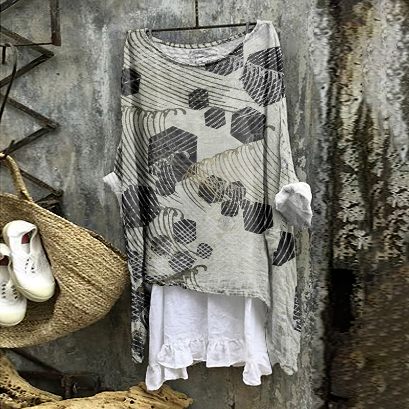 Comstylish Japanese Art Print Round Neck Loose Blouse