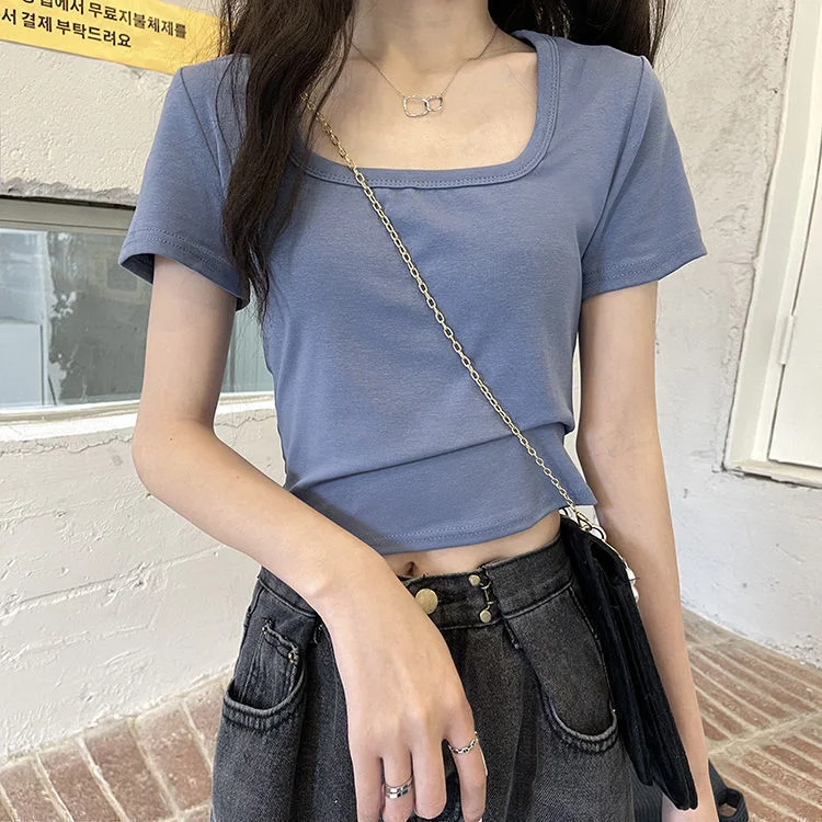 Uveng Uveng Short T-Shirt Female Solid Color 2024 New High Waist Slim Show Thin Hot Girl All-Match Short-Sleeved Square Collar Top Tide