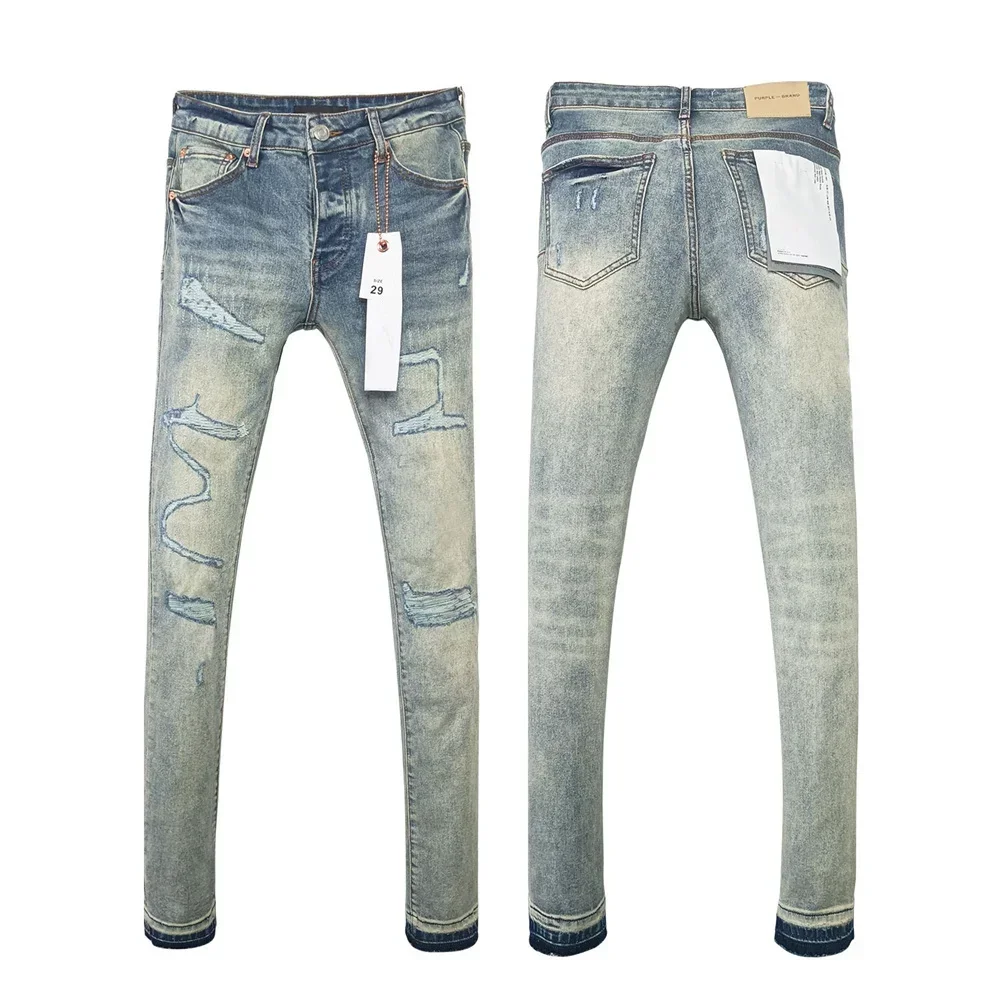 Wimaskel New Purples jeans American high street Retro wash hole patch trend straight Stylish low raise Elastic Skinny jeans brand pants