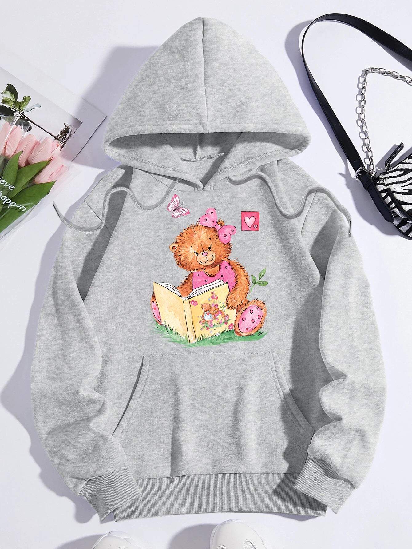 Printed on front Kangaroo Pocket Hoodie Long Sleeve for Women Pattern Pink Bear Reading