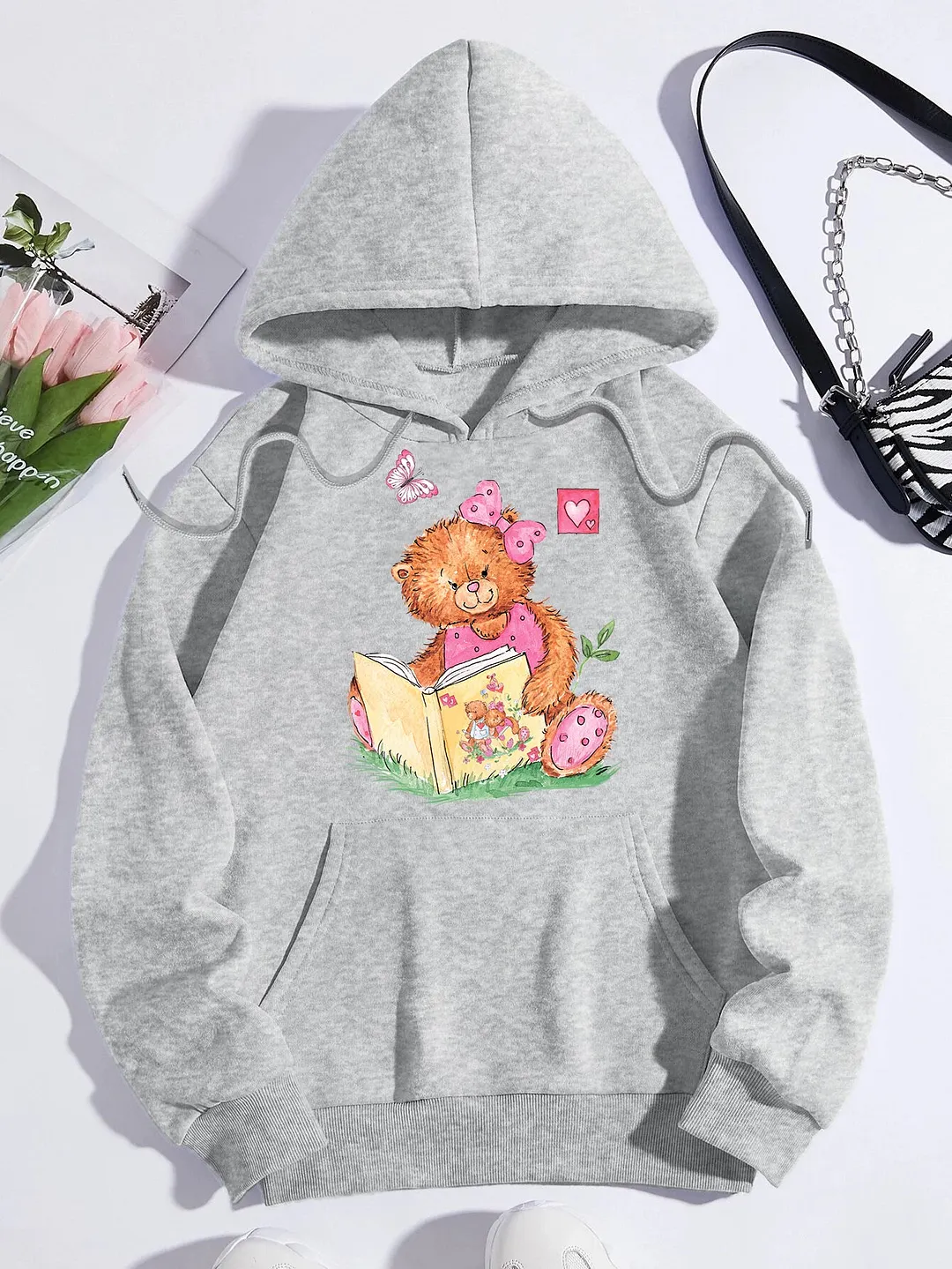 Printed on front Kangaroo Pocket Hoodie Long Sleeve for Women Pattern Pink Bear Reading