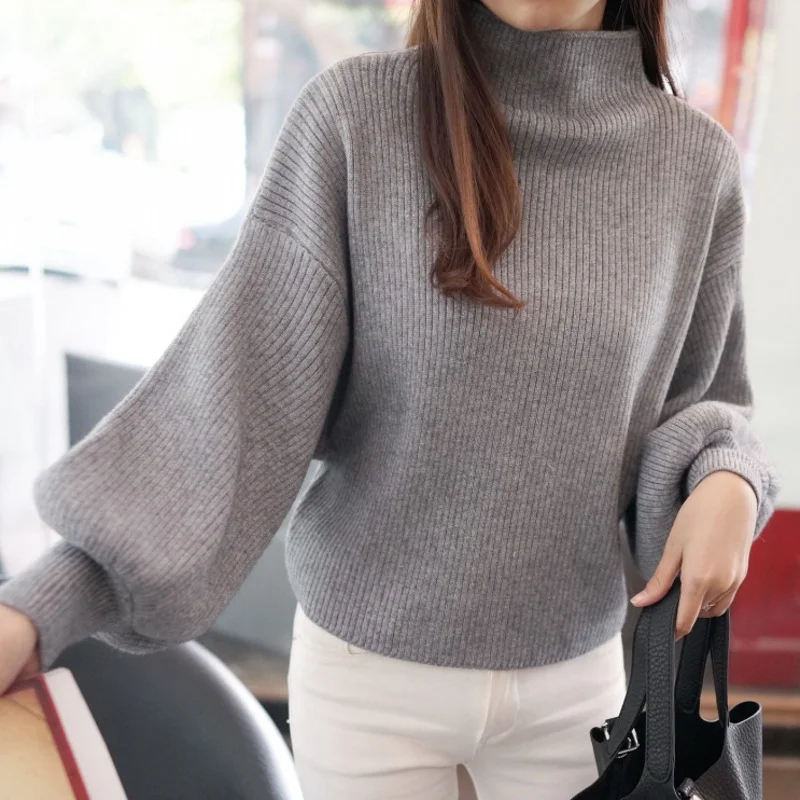 Ueong Half-High Collar Bottom Thin Sweater Loose Bat Sweater Hoodie Lantern Sleeve Sweater Women's Dress