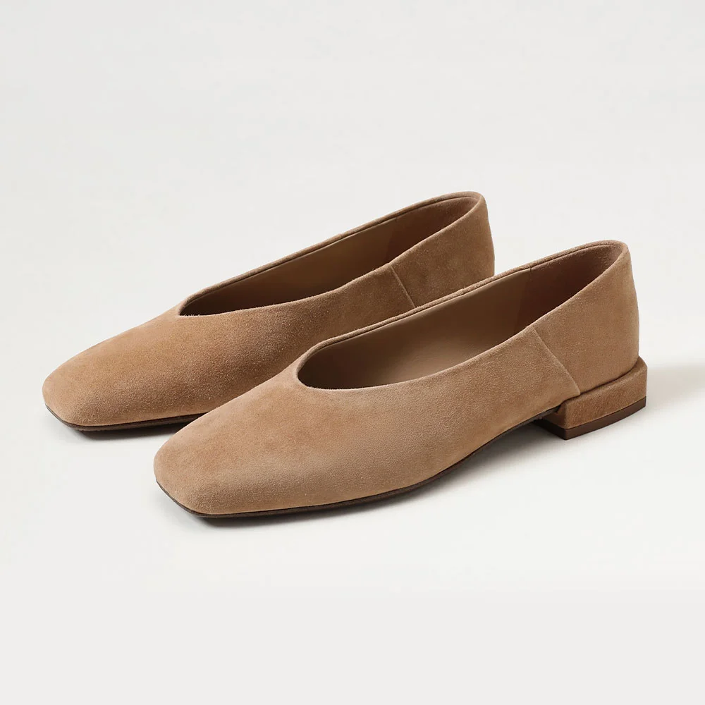 Tan Square Toe Slip On Vegan Suede Flats Business Casual Female Shoes