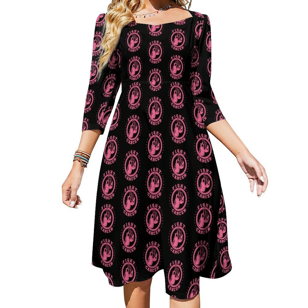 Pink Boxing Gloves Fight Cancer Dress Sweetheart Tie Back Flared 3/4 Sleeve Midi Dresses