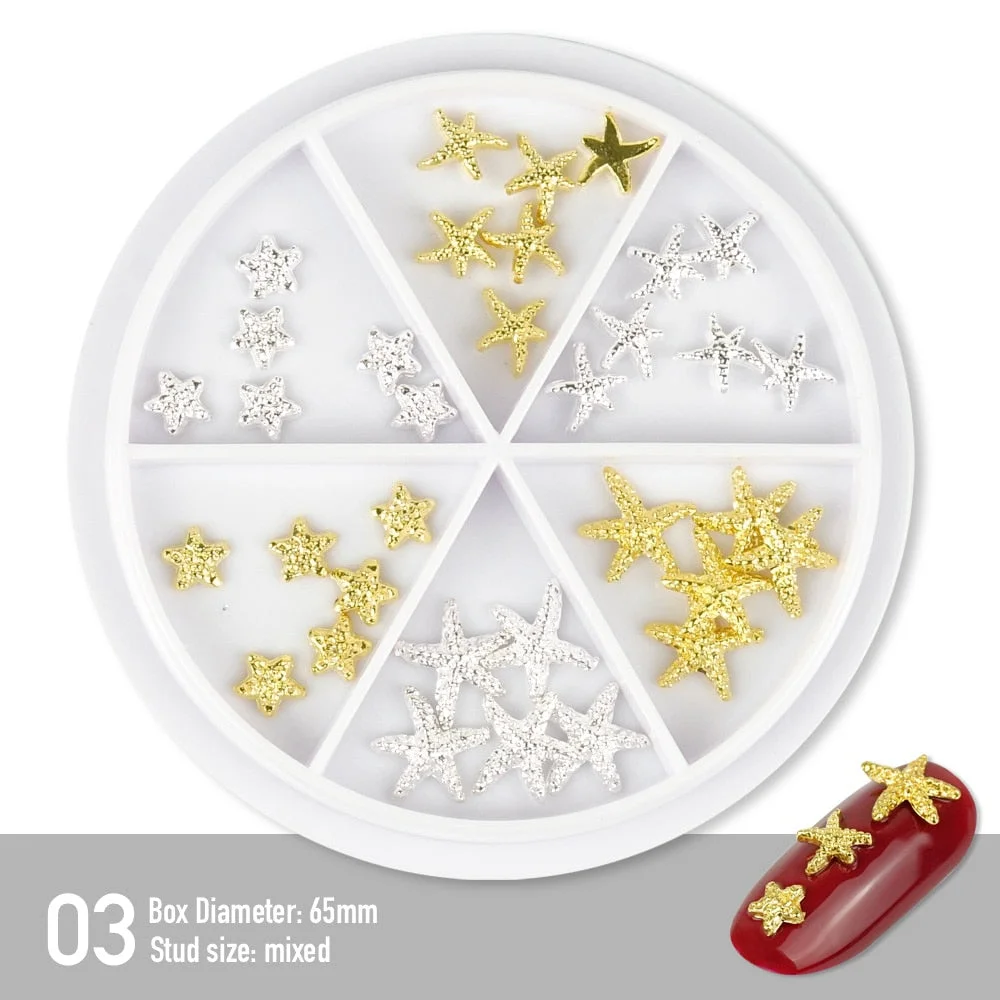 [Beautizon] 6 Grids Mixed Steel Studs Stars moons triangles Charms Nails DIY Accessories Nail Decoration Nail Art Rhinestones