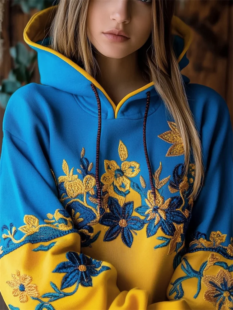 Ukraine Ethnic Floral Embroidered Contrast Color Hoodie