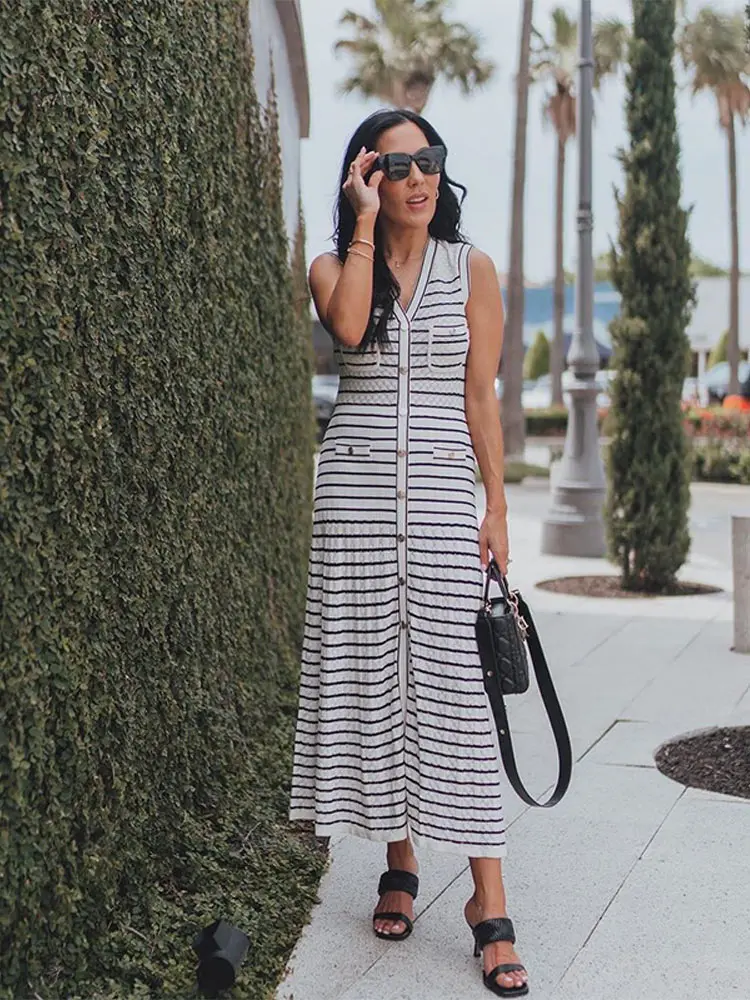 Megaarcadee homecoming dresses Single Breasted Striped Knit Maxi Dress Women Elegant V-neck Sleeveless Pocket Slim Long Dresses Fashion 2025 Female Street Robe