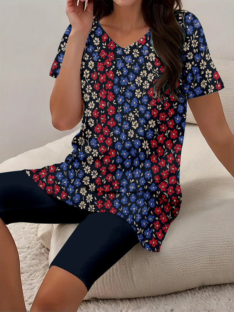 Women Long Sleeve V-neck Graphic Floral Printed Top