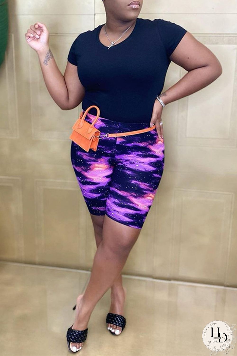 Black Purple Fashion Casual Print Basic Asymmetrical Regular High Waist Shorts