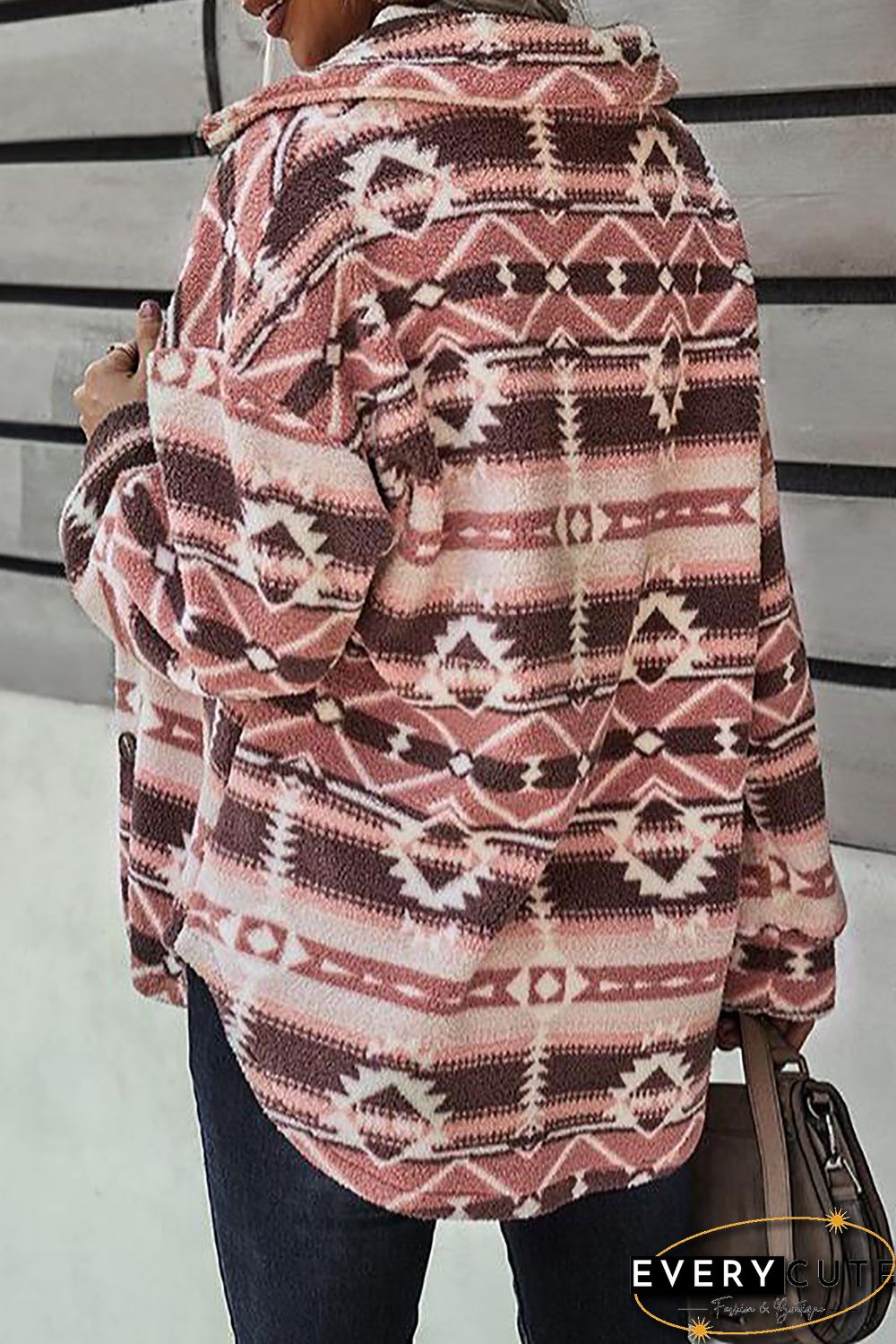 Pink Tribal Print Pocket Buttoned Sherpa Jacket