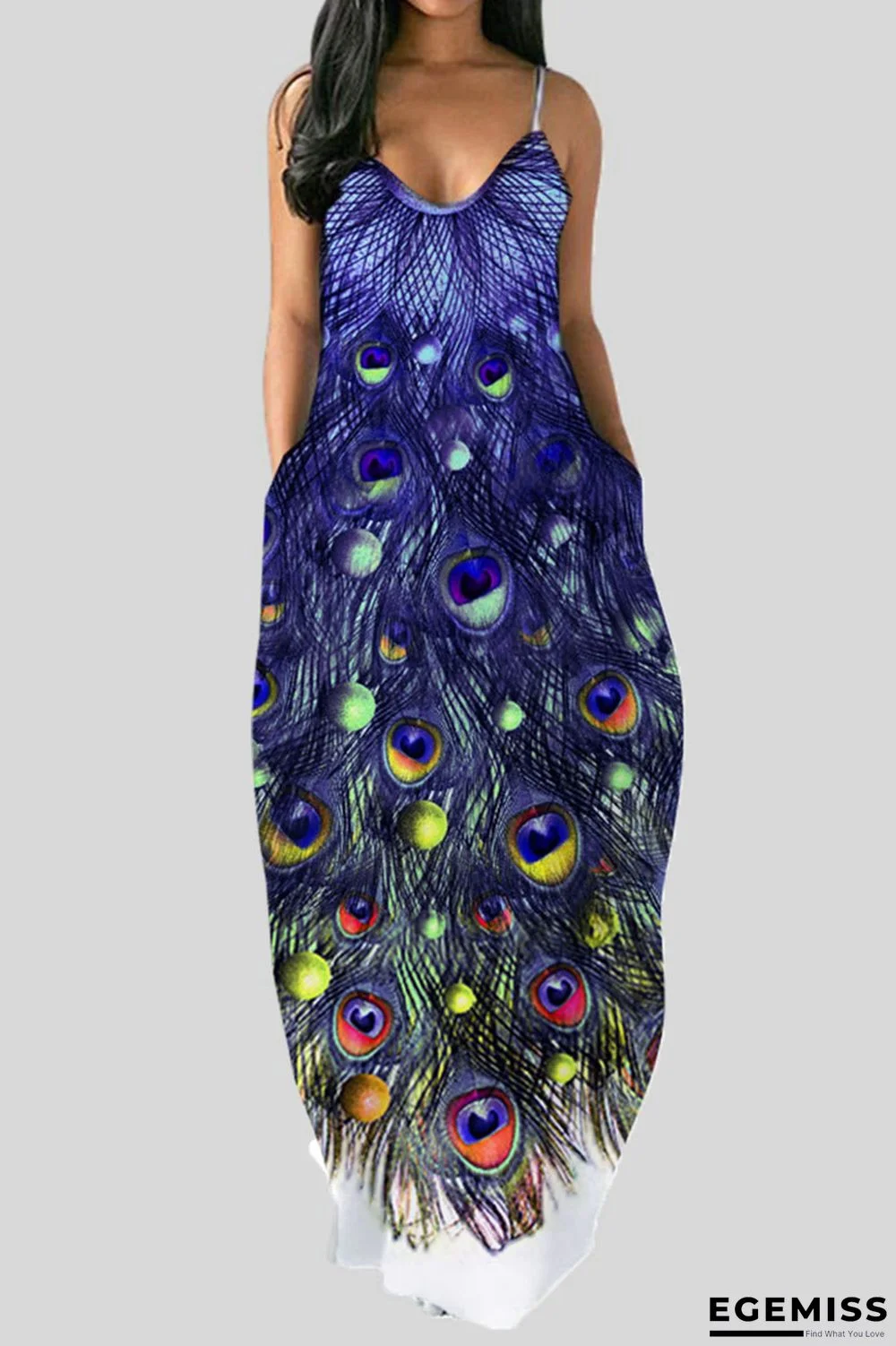 Deep Blue Sexy Print Patchwork Spaghetti Strap Sling Dress Dresses | EGEMISS