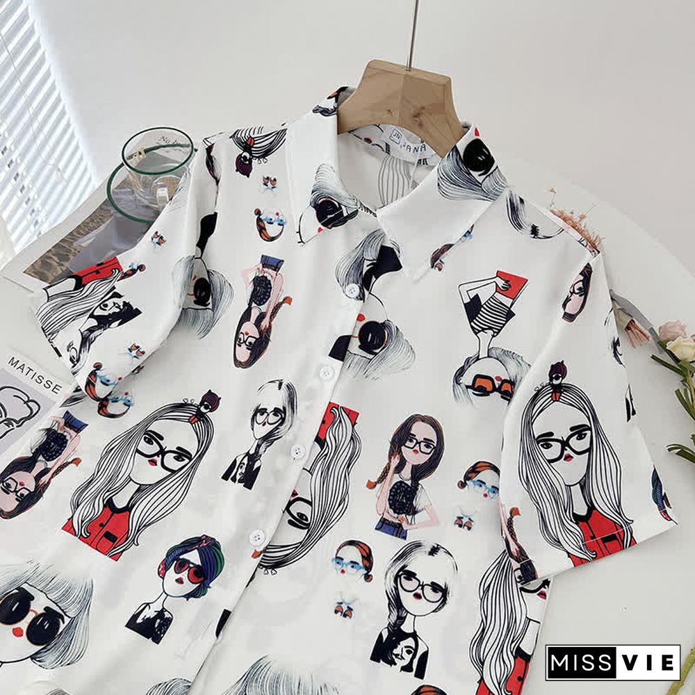 Cartoon Print Lapel Short Sleeve Loose Shirt
