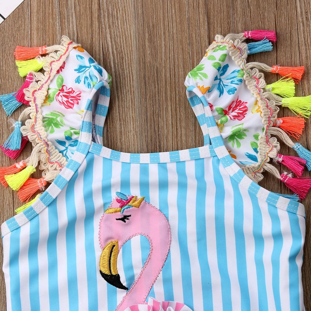 2019 Brand New Newborn Kids Baby Girls Flamingo Bikini Colorful Tassel Sleeve Swimwear Swimsuit Bathing Suit Beachwear 6M-5T