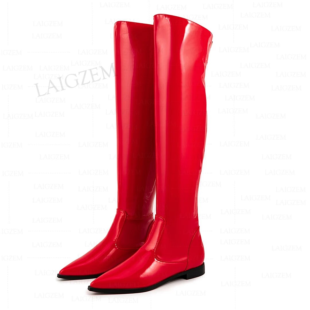 VCSHOES Women Over Knee High Boots Shiny Pointed Toe Pull On Low Heels Tall Boots Shoes Woman Big Size 36 41 43 44 45