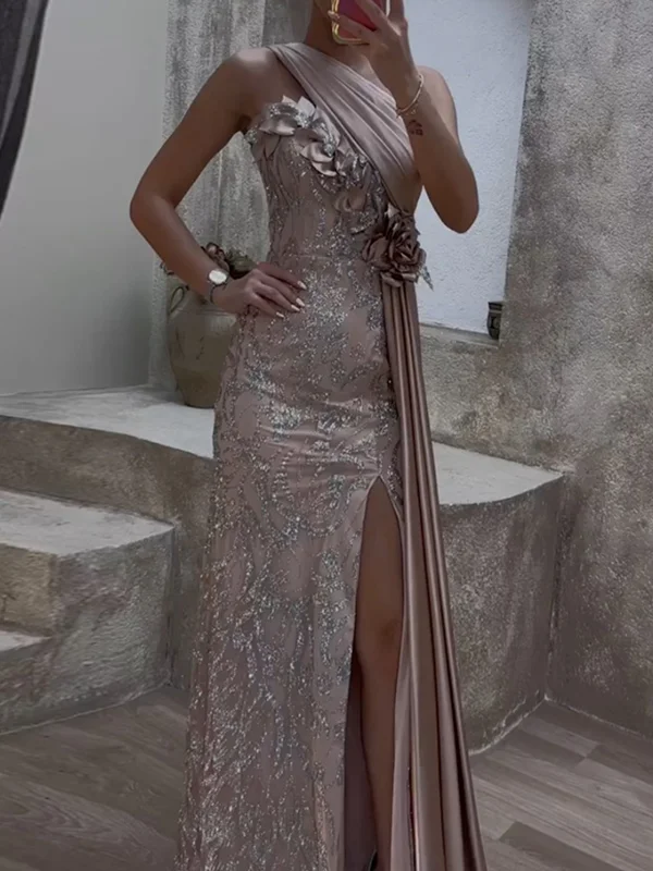 Shiny Sequinned Flower Split-Side Sleeveless Off-The-Shoulder Elegnat satin Maxi Dresses