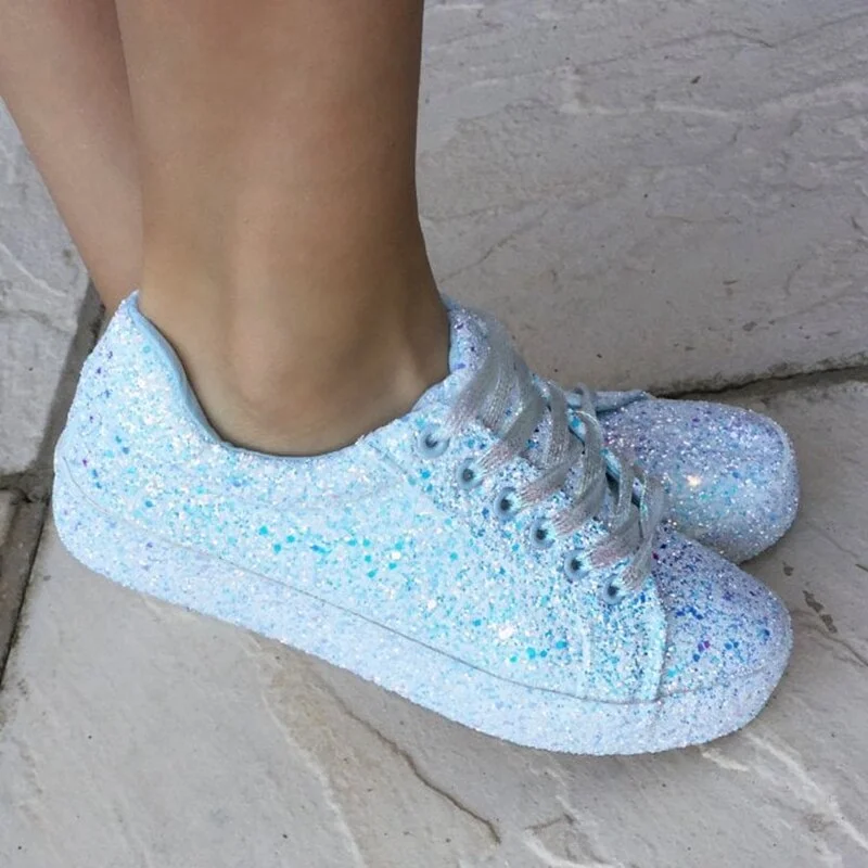 2020 Women Lace Up Sneakers Glitter Autumn Flat Vulcanized Ladies Bling Casual Female Fashion Platform Fashion Flat Shoes