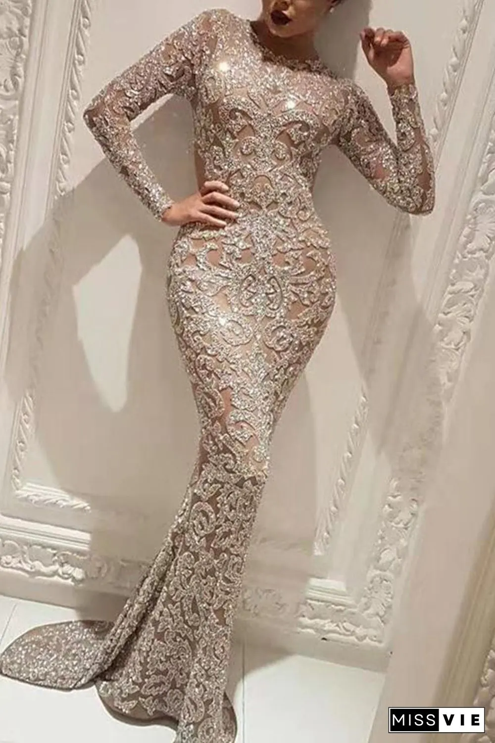Elegant Bronzing Patchwork O Neck Evening Dress Dresses