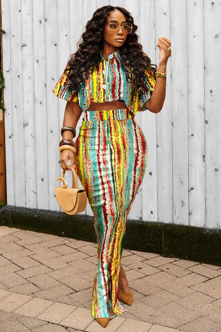 Striped Print Blouse Slim-Fit Maxi Skirt 2pcs Set-Multicolor [Pre Order]
