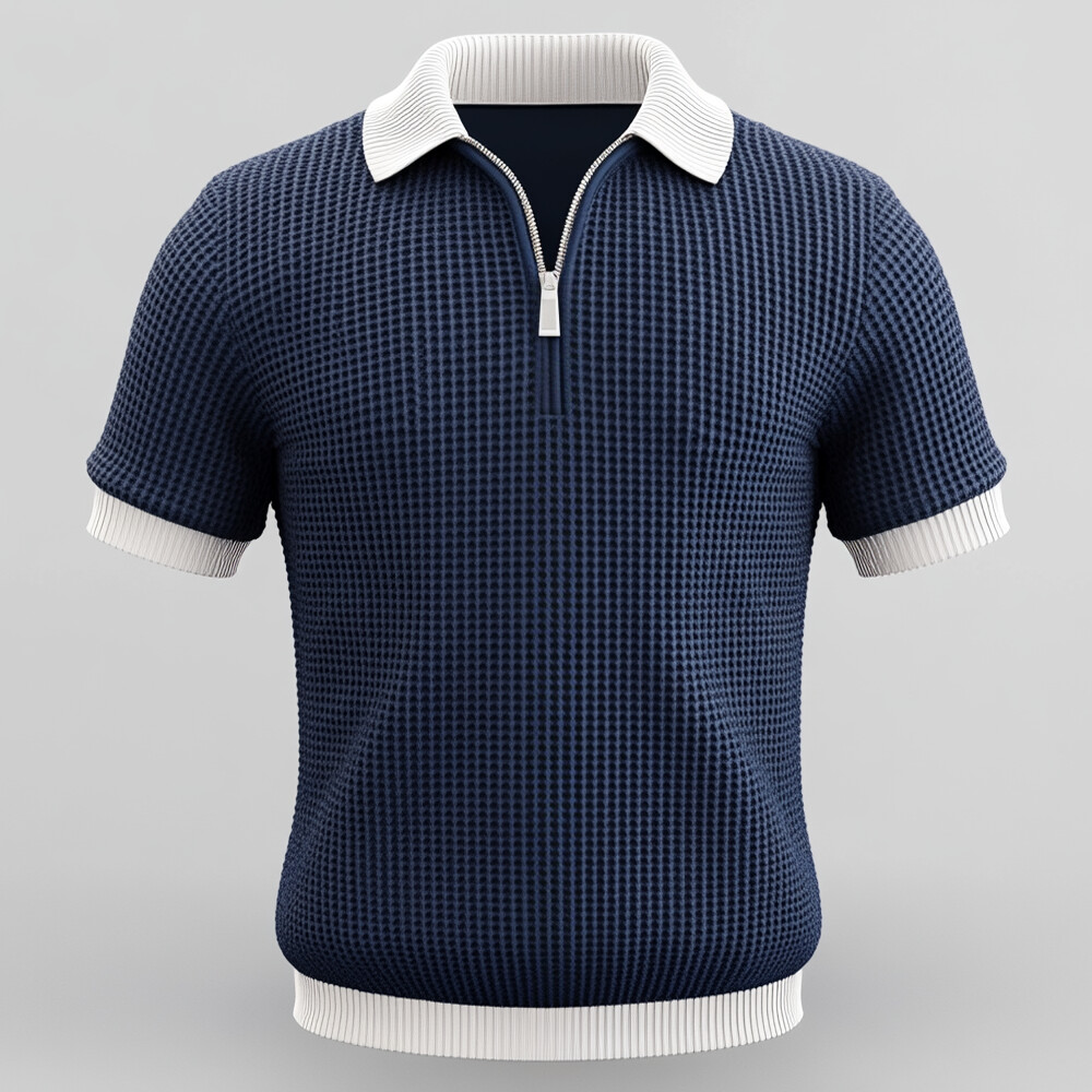 Men's Waffle Colorblock Turndown Collar Half Zip Short Sleeve Shirt