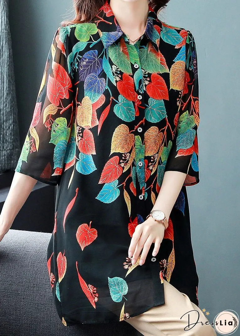 Style Black Button Print Patchwork Chiffon Shirt Tops Summer
