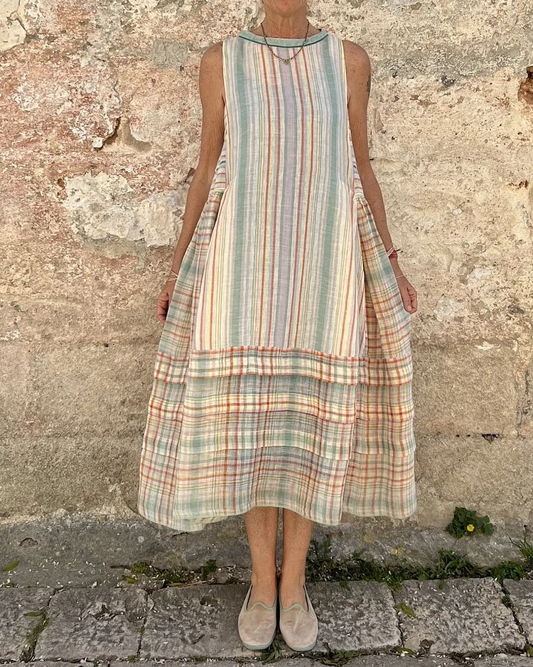 Casual Round Neck Sleeveless Loose Striped Printed Dress