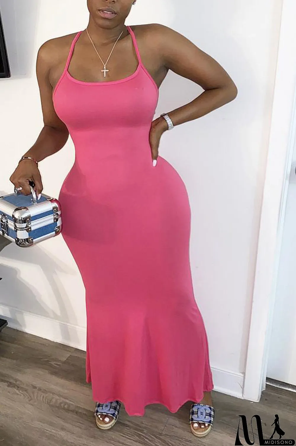 MidiSono - Orange Sexy Orange rose red Shallow yellow Spaghetti Strap Sleeveless Slip Mermaid Ankle-Length Solid Dresses