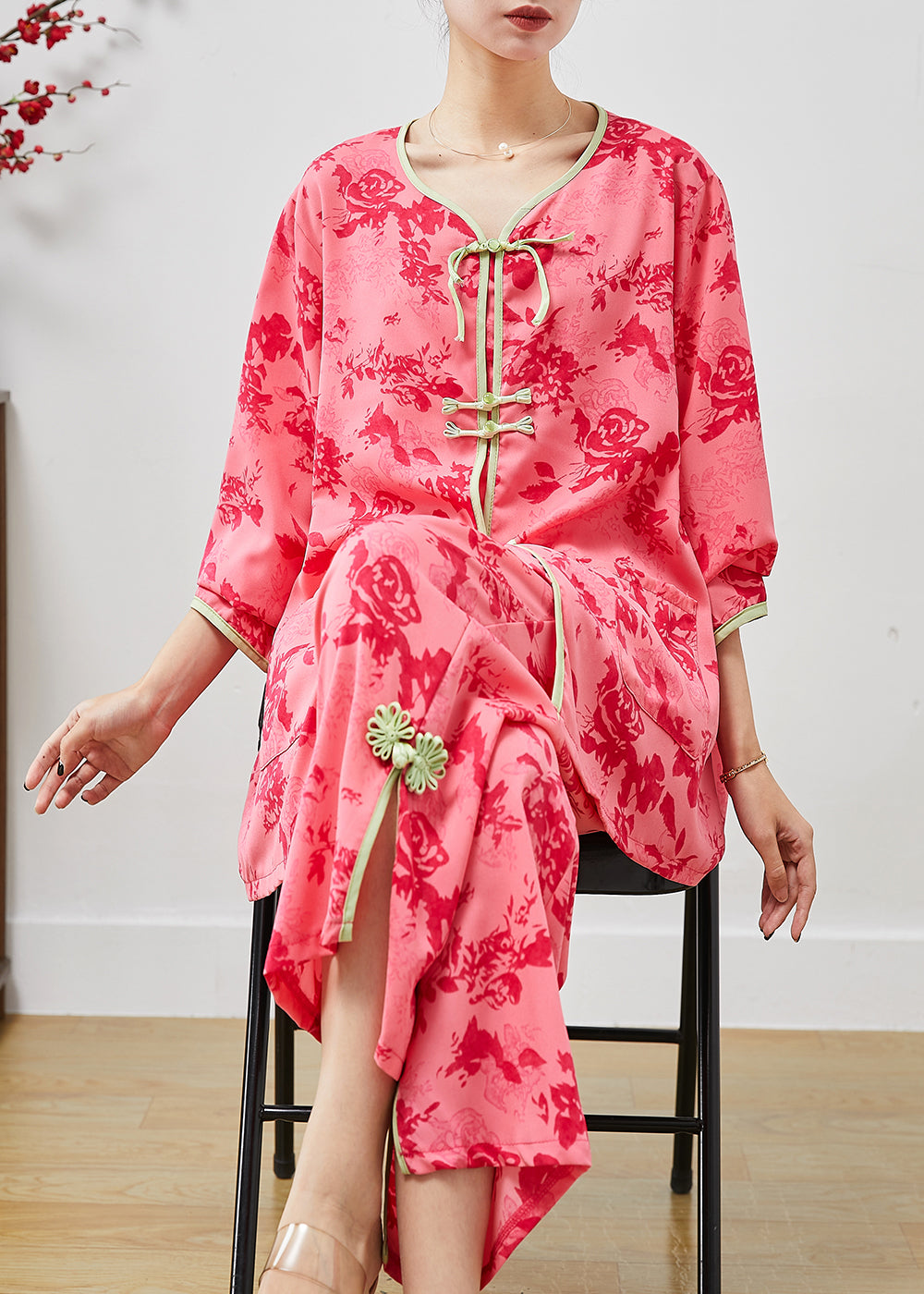 VCSHOES Red Chinese Button Print Cotton Two Pieces Set Summer