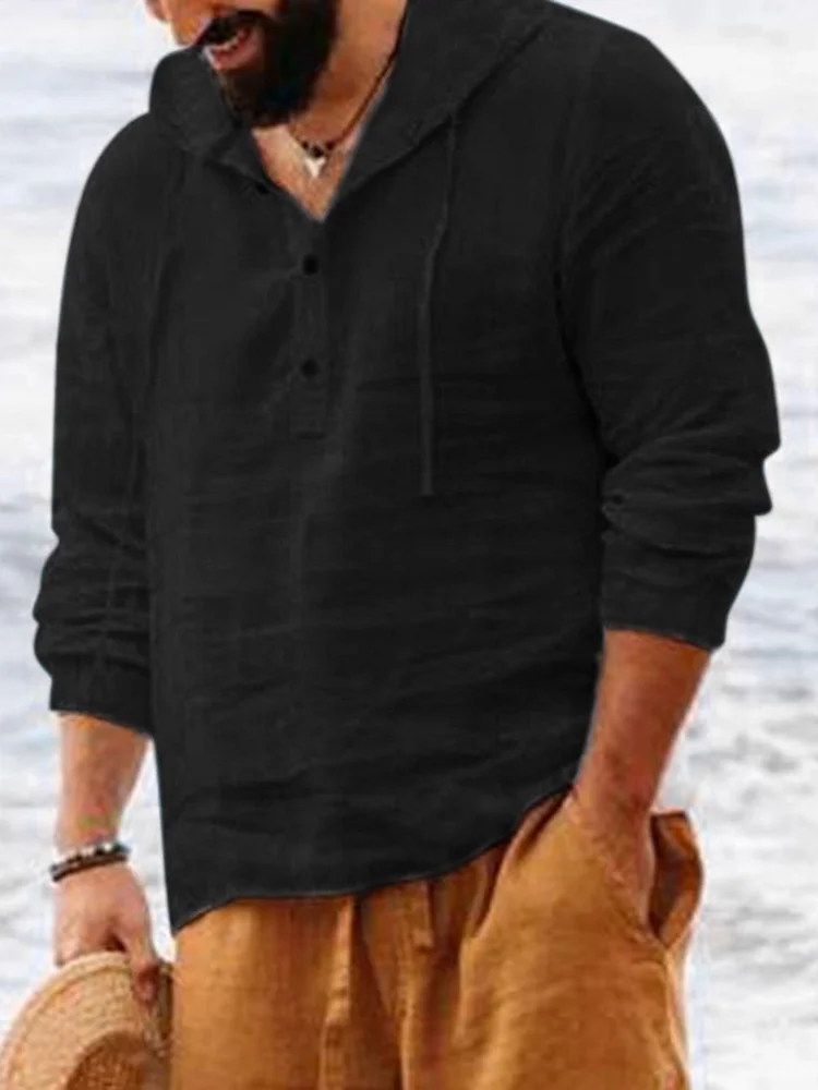 Men's Cotton And Linen Loose Solid Color Hooded Shirt