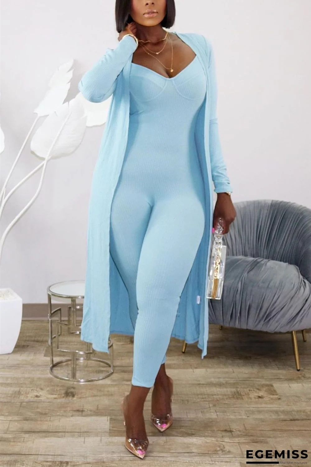 Light Blue Fashion Solid pencil Long Sleeve Two Pieces | EGEMISS