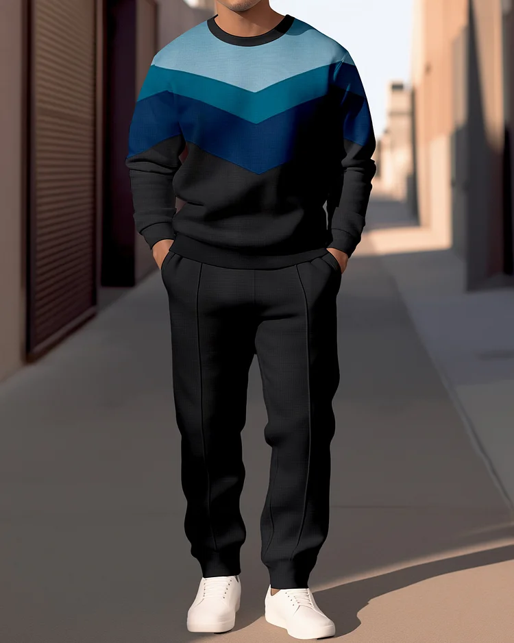 Men's Simple Colorblock Round Neck Casual Sports Set 057