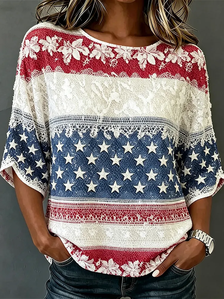 Vintage American Flag Inspired Floral Lace Linen T Shirt