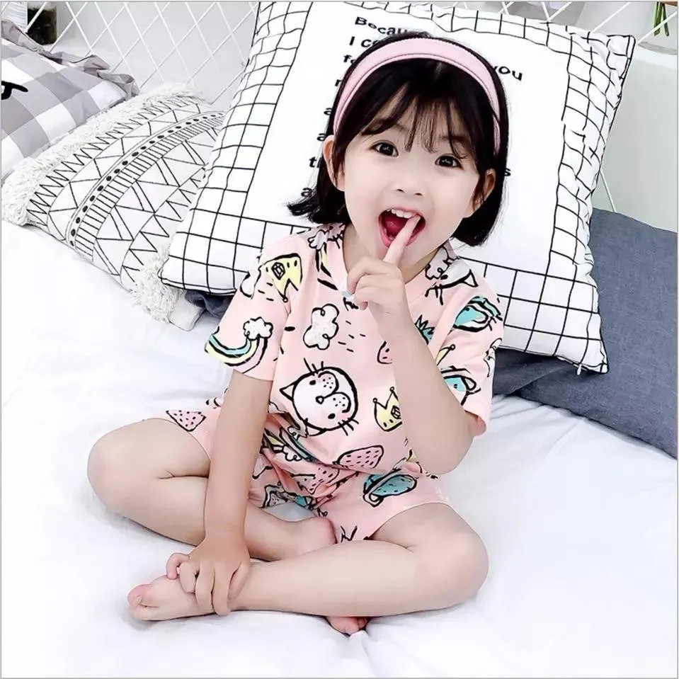 2 to 10 Years 2021 New Summer Girls Kids Pajamas Set Short Sleeves Sleepwear For Toddler Girls Cotton Pyjamas Set Clothes
