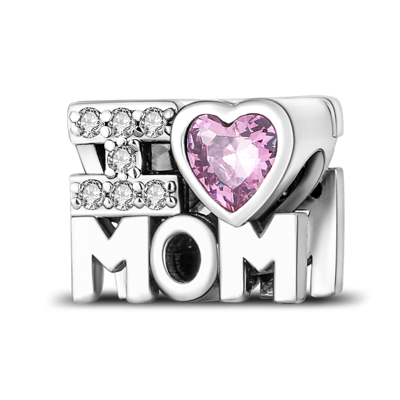 925 Sterling Silver “I LOVE MOM" Peach shape CZ Cubic Zircon Charm fit Charm Bracelet DIY Jewelry KTC184