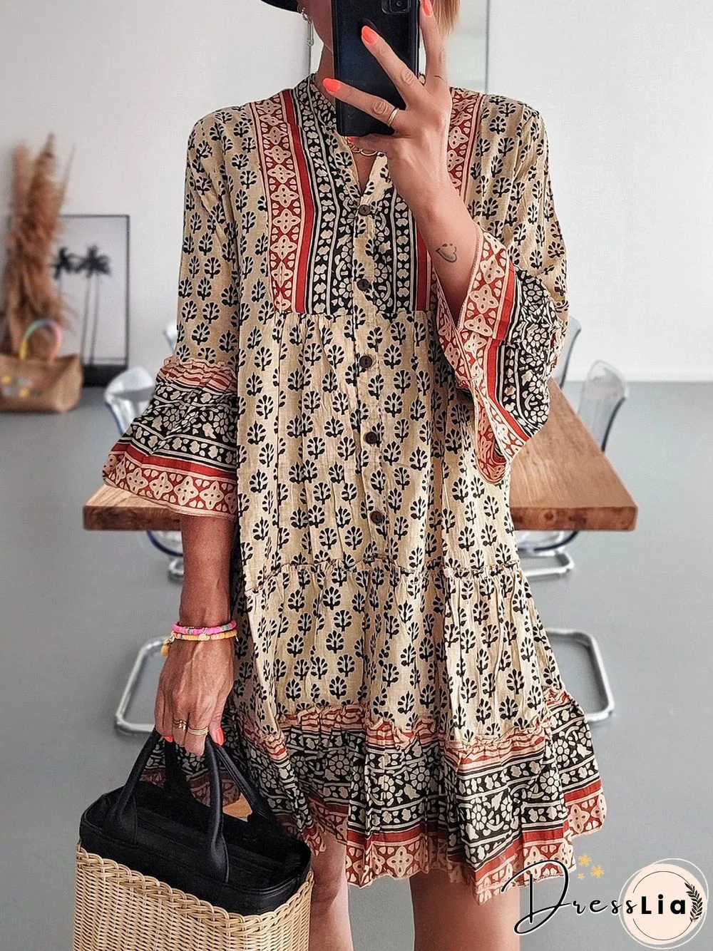 Casual Floral Autumn No Elasticity Daily Skirt Three Quarter T-Shirt Dress A-Line Dresses for Women