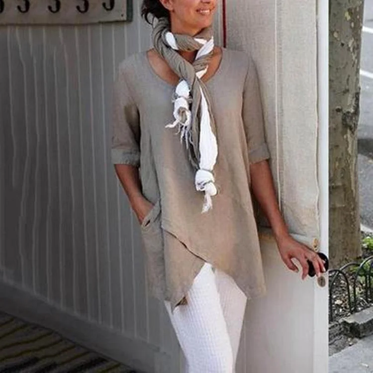Pockets Half Sleeve Asymmetrical Casual Blouses
