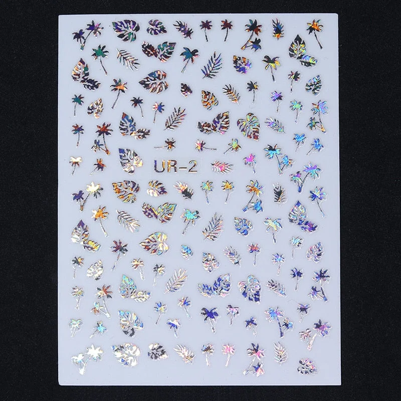 1 Sheet Flower Leaf Tree Green 3D Bronzing Nail Art Stickers Black White Sliders Summer DIY Decals for Nail Art Decoration