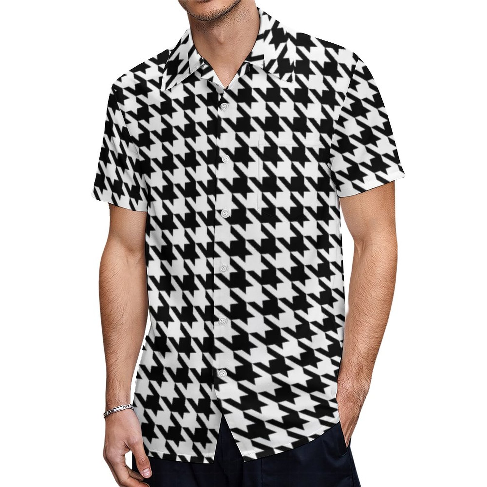 Black And White Pattern Houndstooth Print Hawaiian Shirt Mens Button Down Tropical Hawaii Beach Shirts
