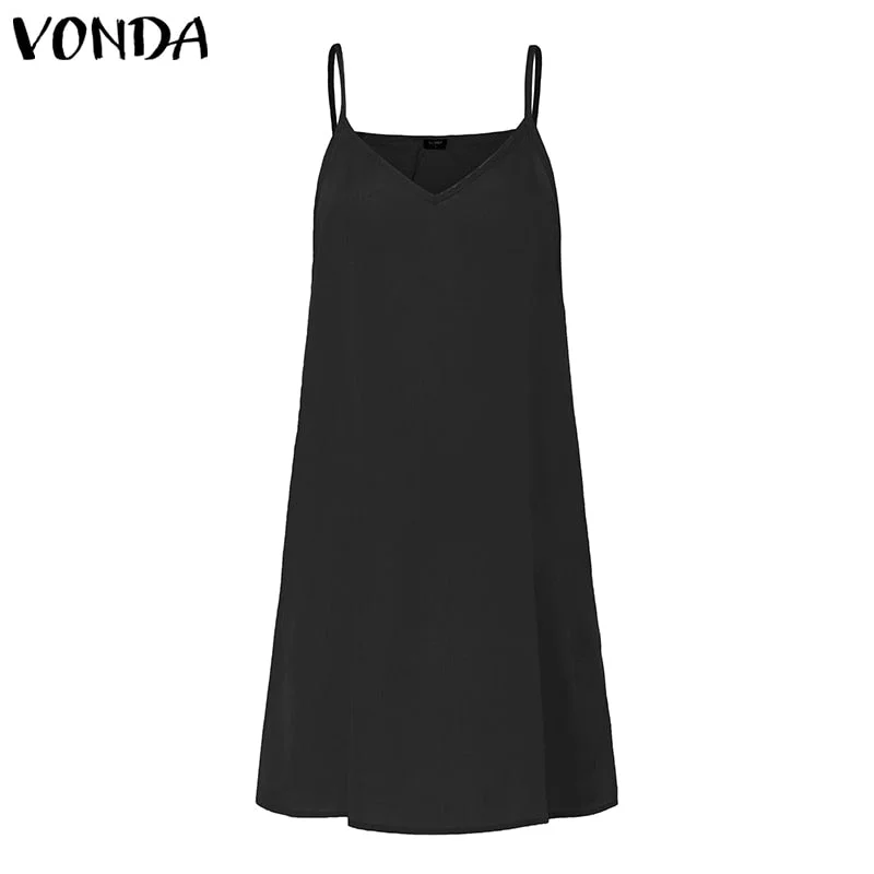 Strap Dress 2022 VONDA Women Spaghetti Strap Bottom Dress Solid Color Casual Underwear Dresses Female Vestidos
