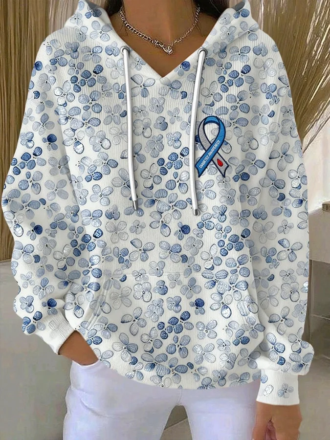 Women's Diabetes Awareness Flowers Print Casual Sweatshirt  socialshop