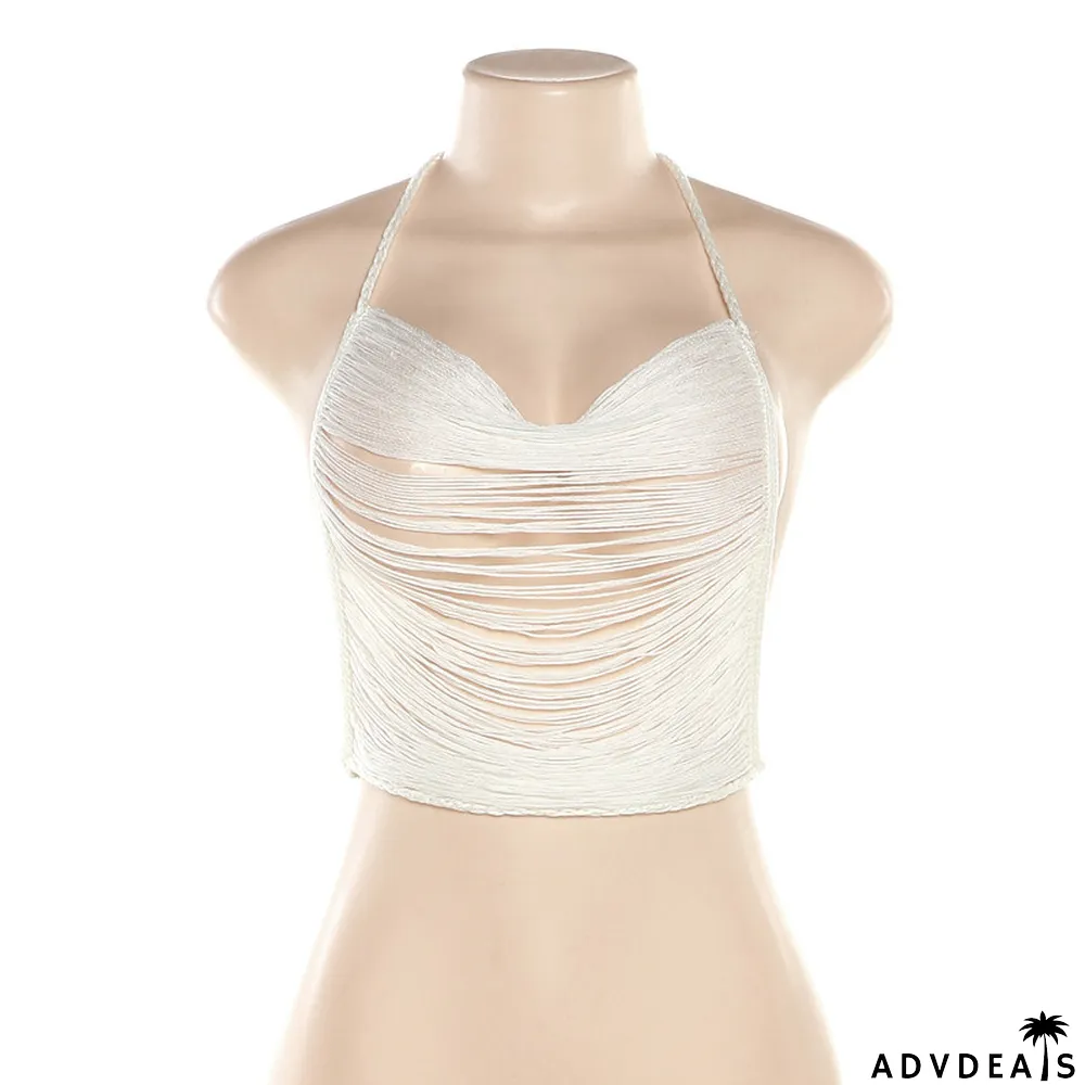 Summer Women Knitting Hollow Tassel Halter Neck Solid Slim Top